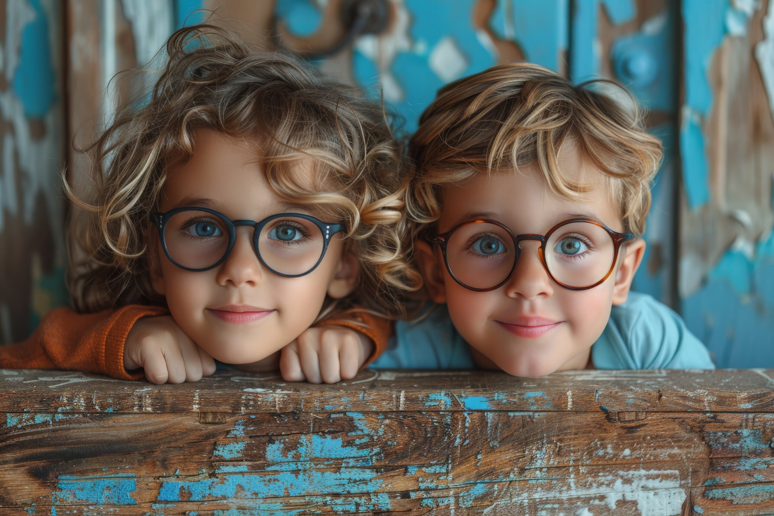 Adorable twins with matching blue glasses and curly blonde hair share a curious look over a rustic wooden ledge